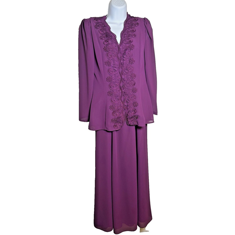 Vtg 80s Scott McClintock 2 Pc Maxi Skirt Suit~8~Purple Lace Trim Victorian Style - Picture 2 of 16